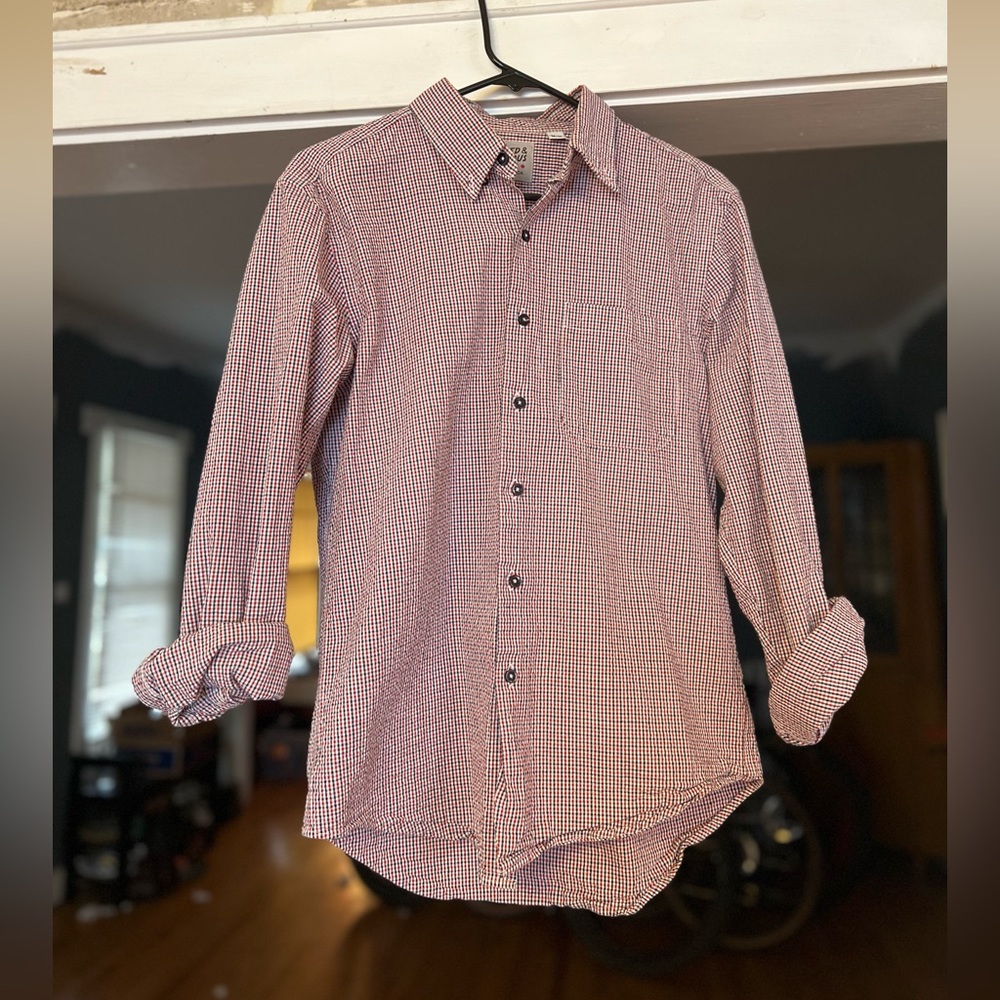 Naked & Famous button-down shirt, red white blue seersucker, slim fit M